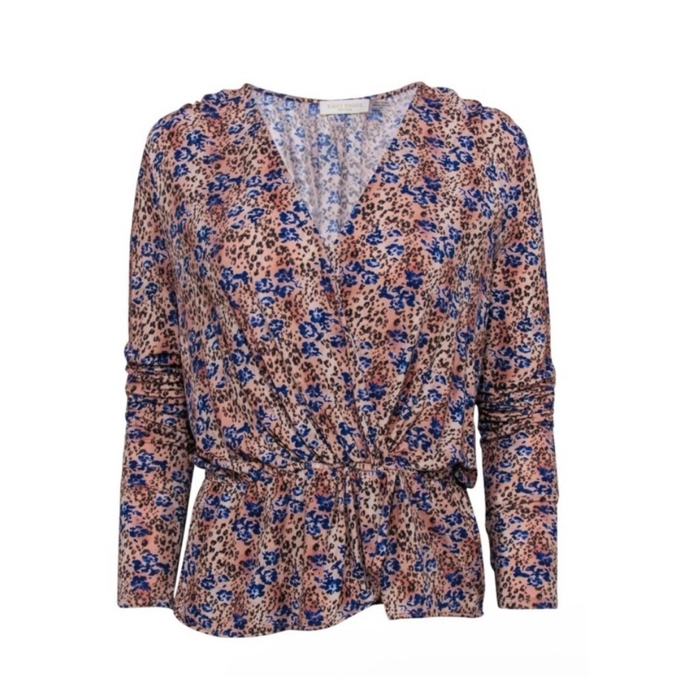 Ramy Brook Blouse V Neck Leopard Floral Peplum Top